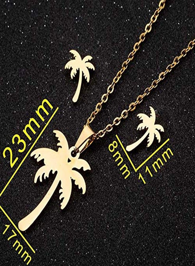 QIAN0813 Stainless Steel Hawaii Tropical Plant Pendant Necklace for Women Coconut Palm Tree Stud Earrings Beach Set Jewelry (Gold) - Image 3